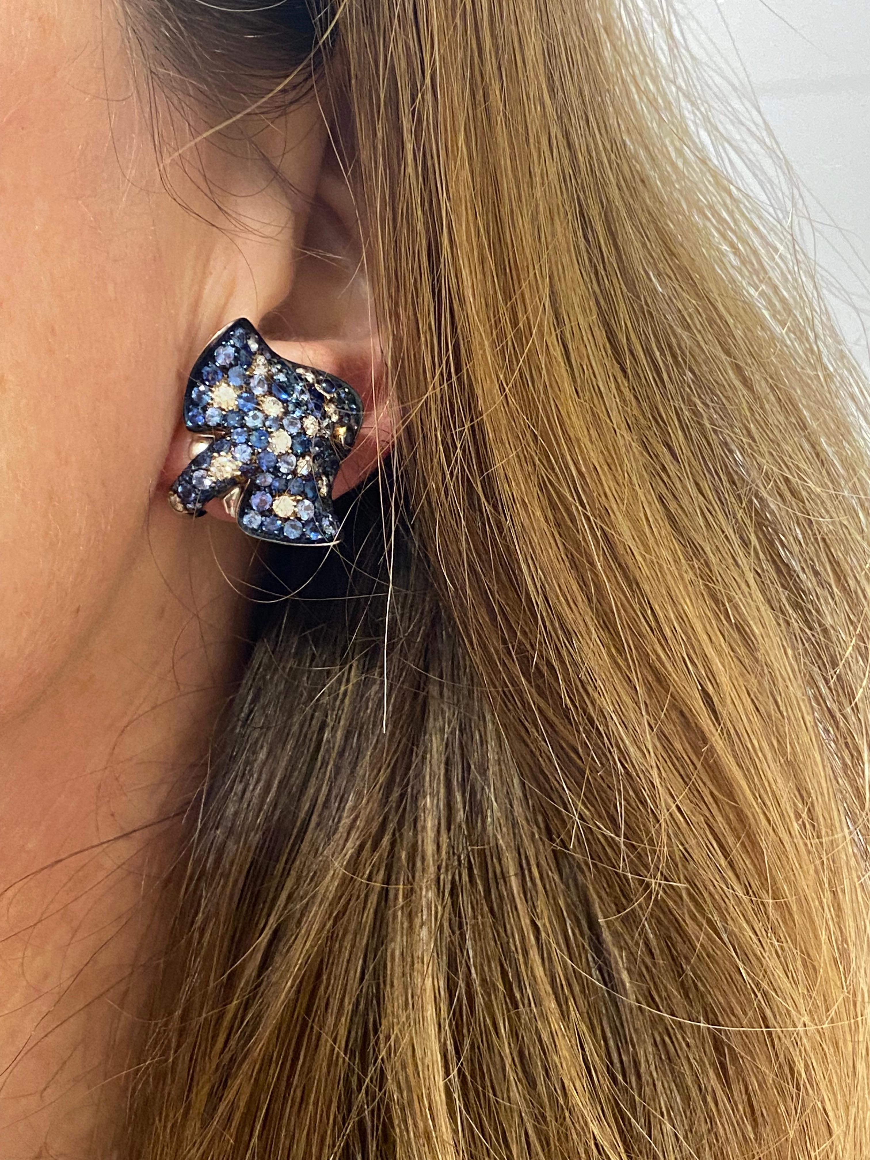 Petronilla Ray Fish White Diamond Blue Sapphire 18Kt Gold Made in Italy Earrings In New Condition For Sale In Bussolengo, Verona