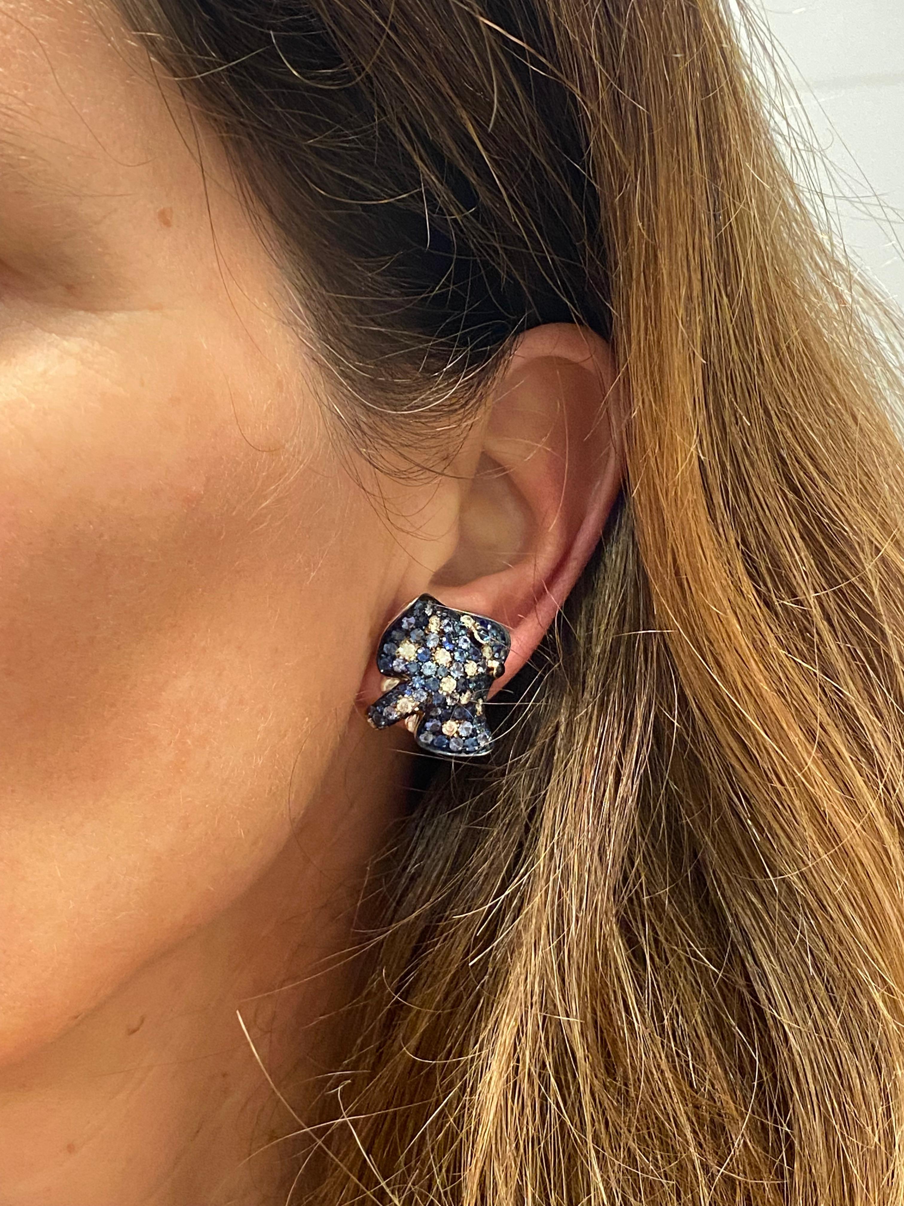Women's Petronilla Ray Fish White Diamond Blue Sapphire 18Kt Gold Made in Italy Earrings For Sale