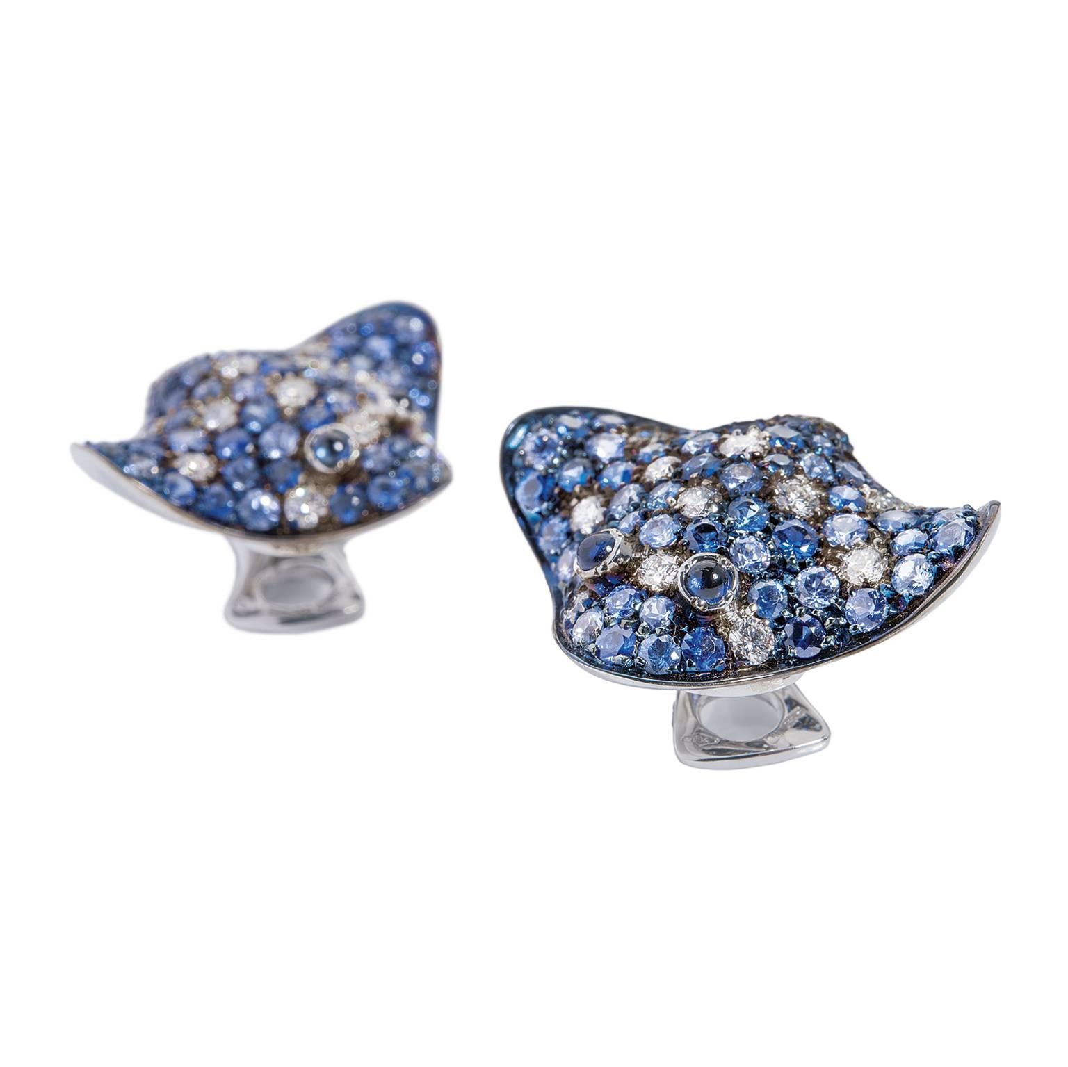 Petronilla Ray Fish White Diamond Blue Sapphire 18Kt Gold Made in Italy Earrings For Sale 3