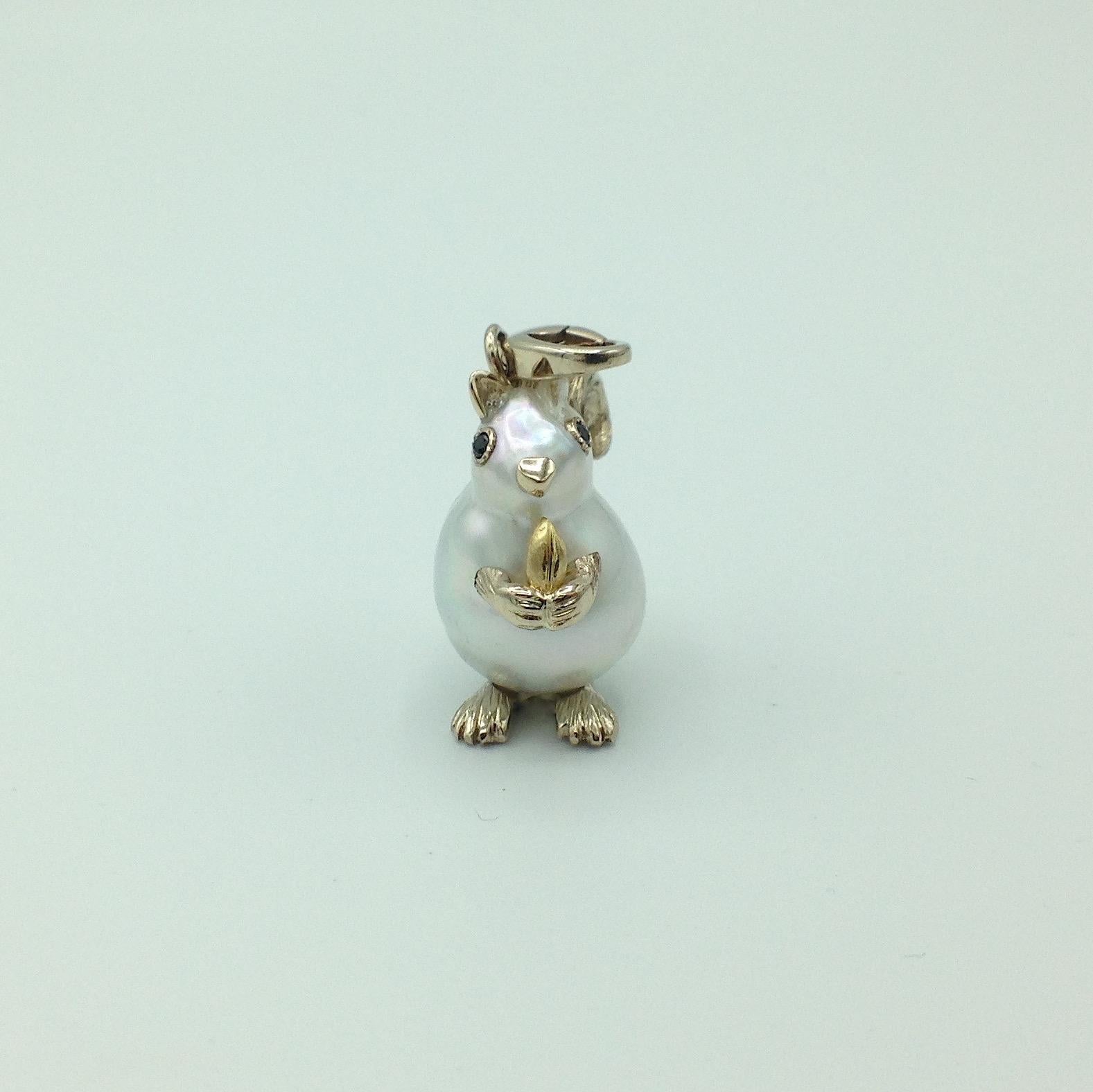 Artisan Petronilla Squirrel Black Diamond 18 Karat Gold Pearl Pendant Necklace or Charm
