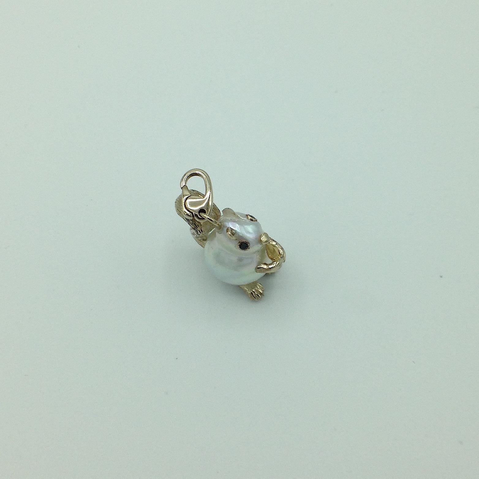 Petronilla Squirrel Black Diamond 18 Karat Gold Pearl Pendant Necklace or Charm 1