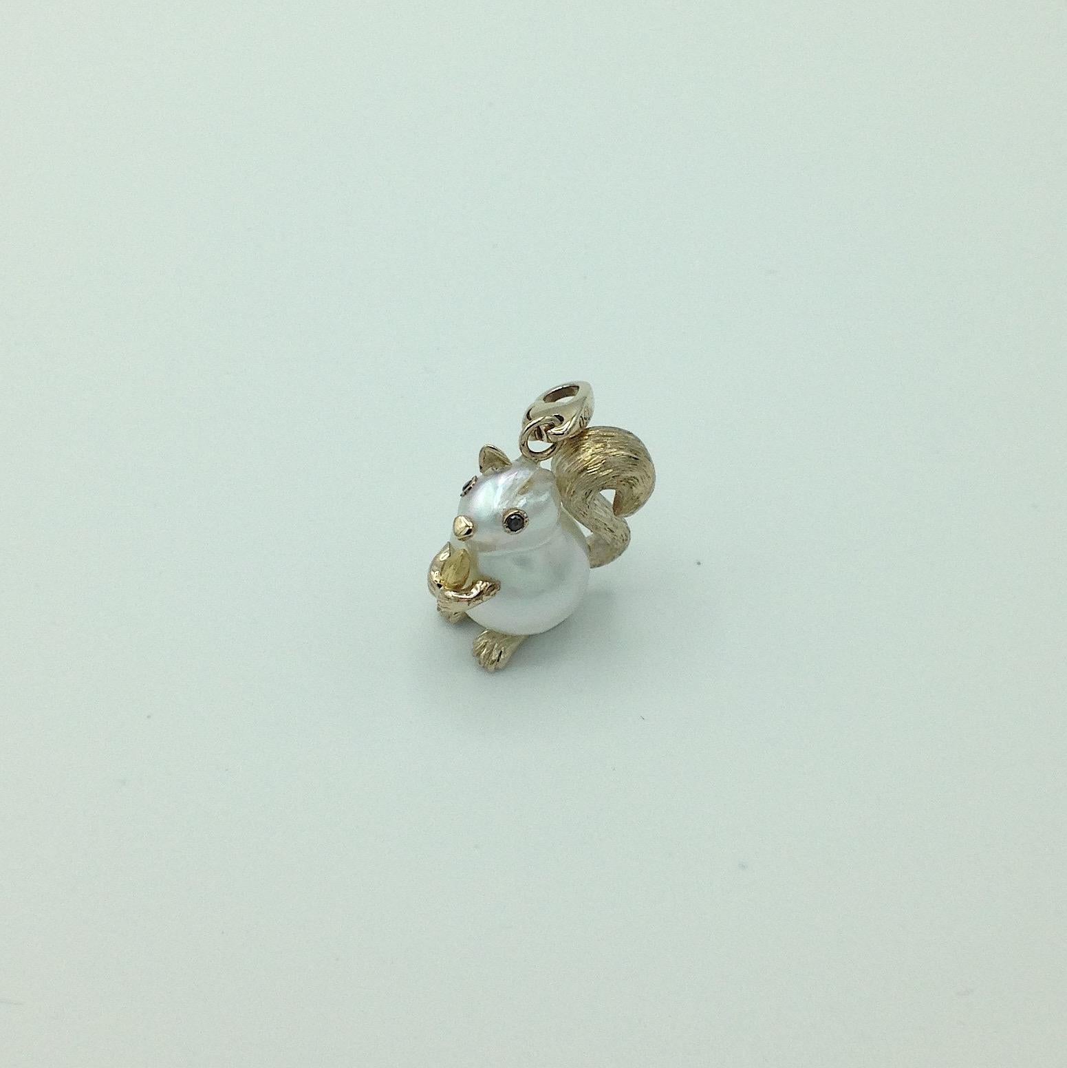 Petronilla Squirrel Black Diamond 18 Karat Gold Pearl Pendant Necklace or Charm 2