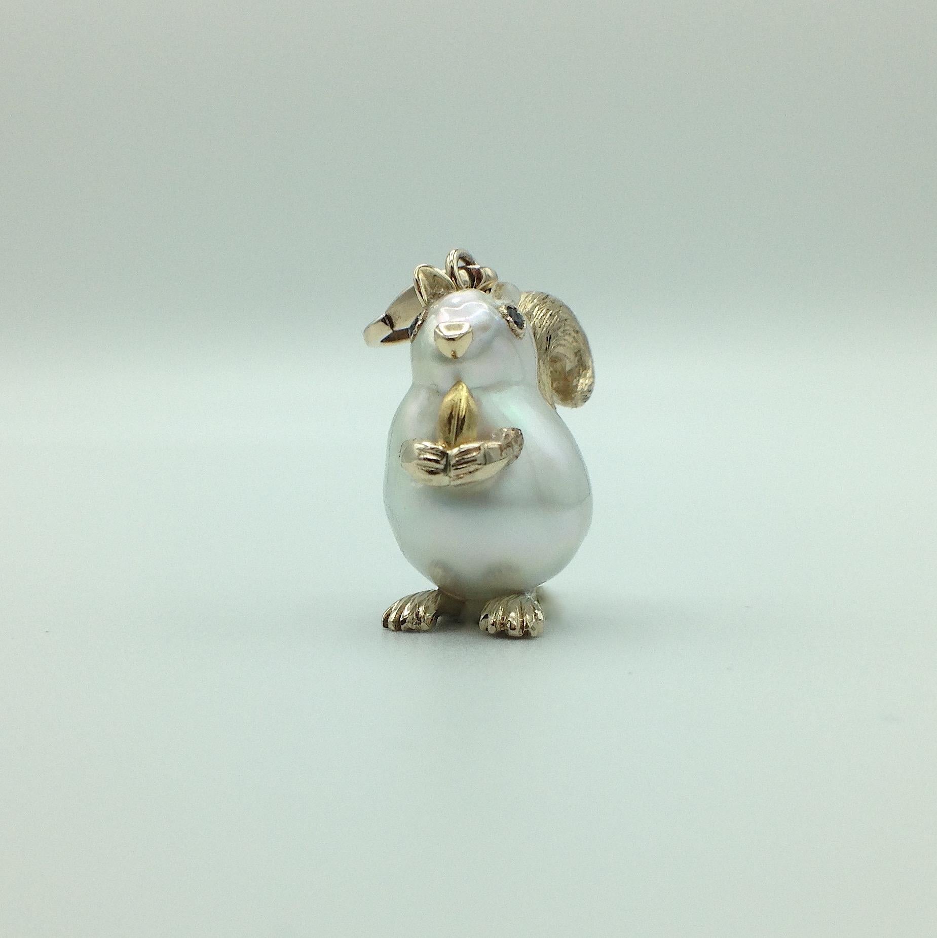 Petronilla Squirrel Black Diamond 18 Karat Gold Pearl Pendant Necklace or Charm 3
