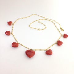 Petronilla Red Coral Heart Necklace Handmade in Italy 18 Karat Gold