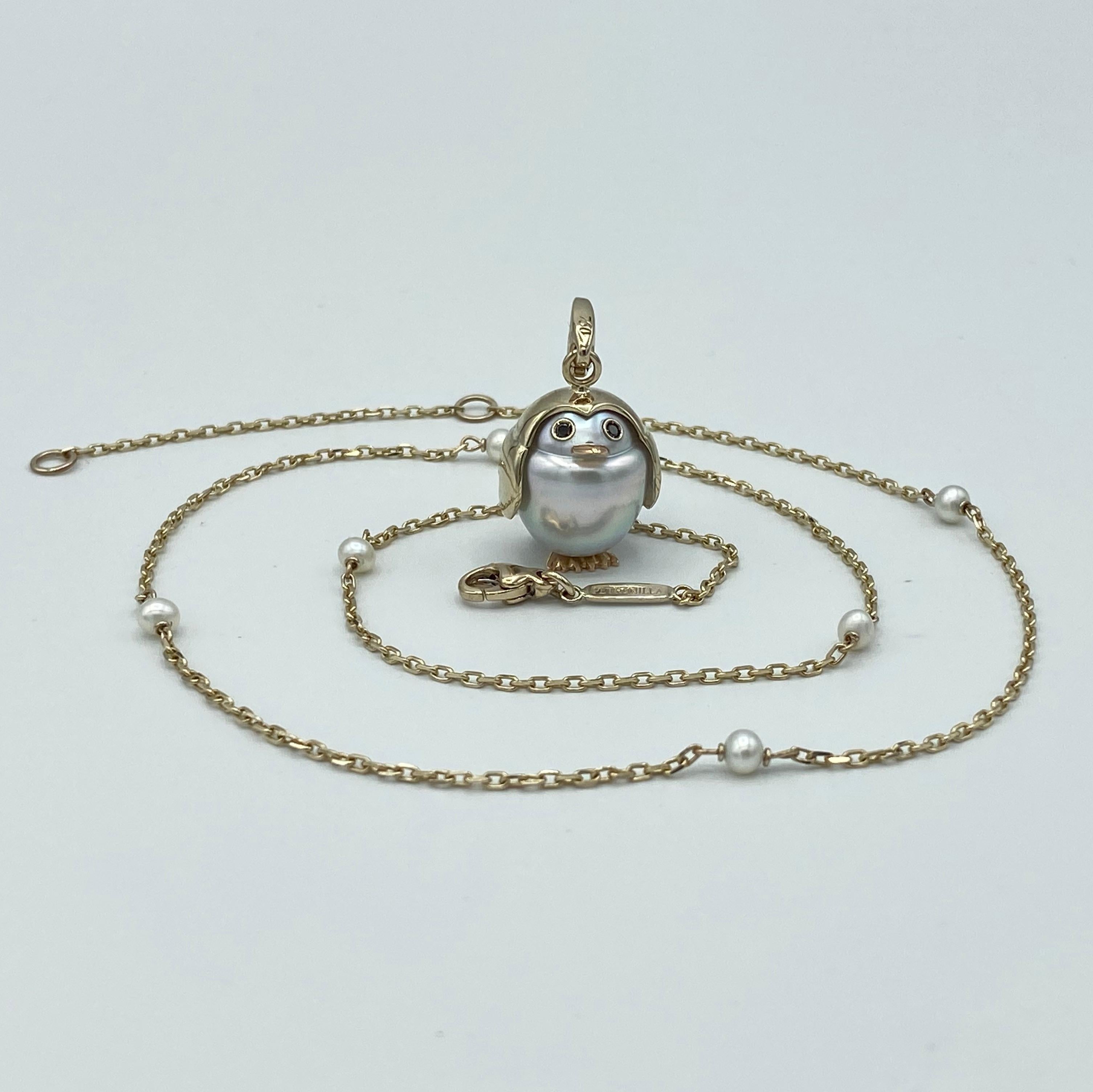 White 18 Karat Gold Australian Pearl Penguin Pendant Charm and Necklace 2