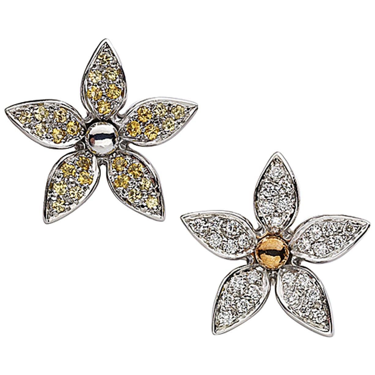 White Diamond Yellow Sapphire 18 Karat Gold Flower Stud Earrings Made in Italy