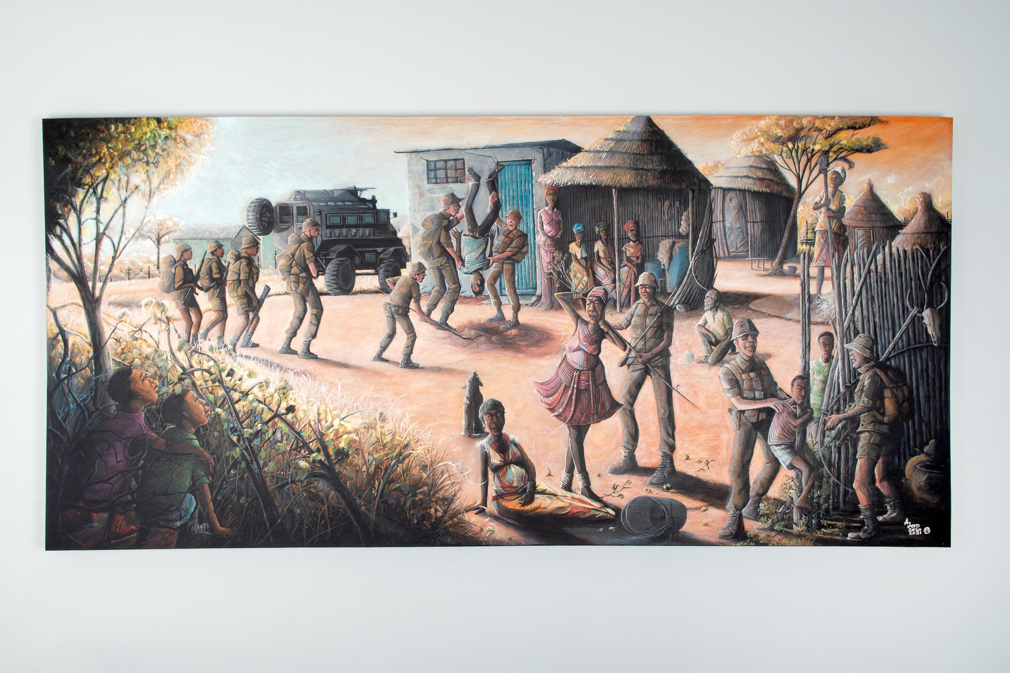 We Remember, 2020-2021, Acrylic on canvas

This artwork formed part of the 'Finding Memories: additions to an everyday archive of Independence' exhibition hosted in 2021. Stretching 2 metres wide, Amuthenu’s painting is, in his words, a “collage” of