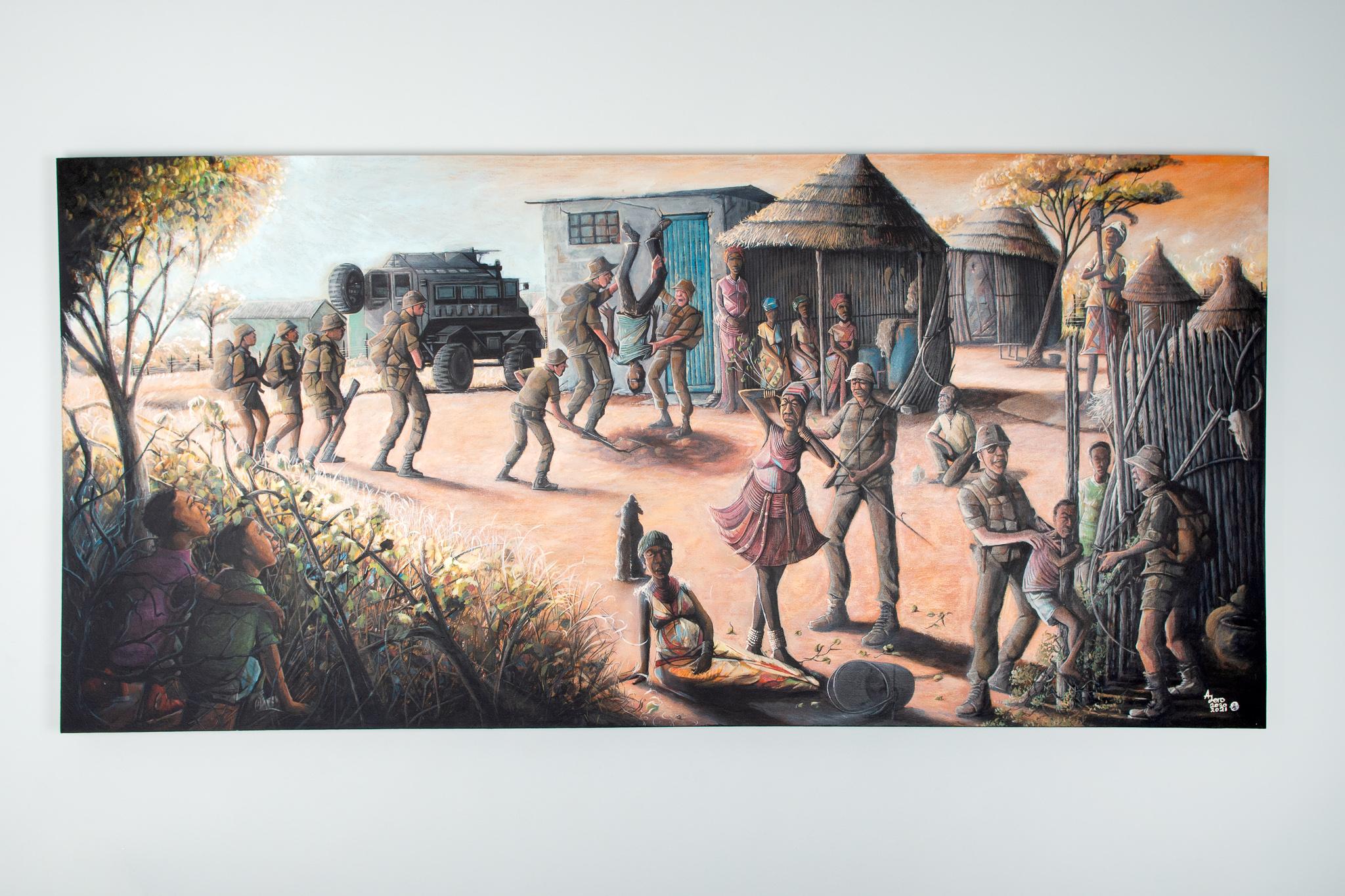 We Remember, 2020-2021, Acrylic on canvas

This artwork formed part of the 
Finding Memories: additions to an everyday archive of Independence
 exhibition hosted in 2021. Stretching 2 metres wide, Amuthenu’s painting is, in his words, a “collage” of