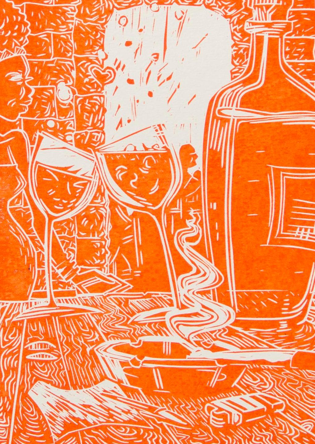 18:30 Wine Time, 2018. Linoleum Block Print on Paper, 1/3

Petrus Amuthenu was born in Swakopmund and grew up in northern Namibia in Uukwaludhi. In 2002 a chance encounter with the late artist Samuel Mbingilo at the Katutura Community Art Centre