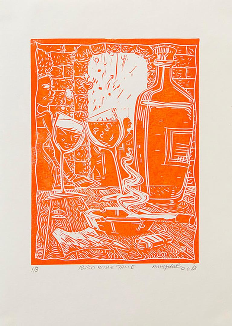 Weinzeit, Petrus Amuthenu, Linoleum-Blöckchendruck auf Papier
