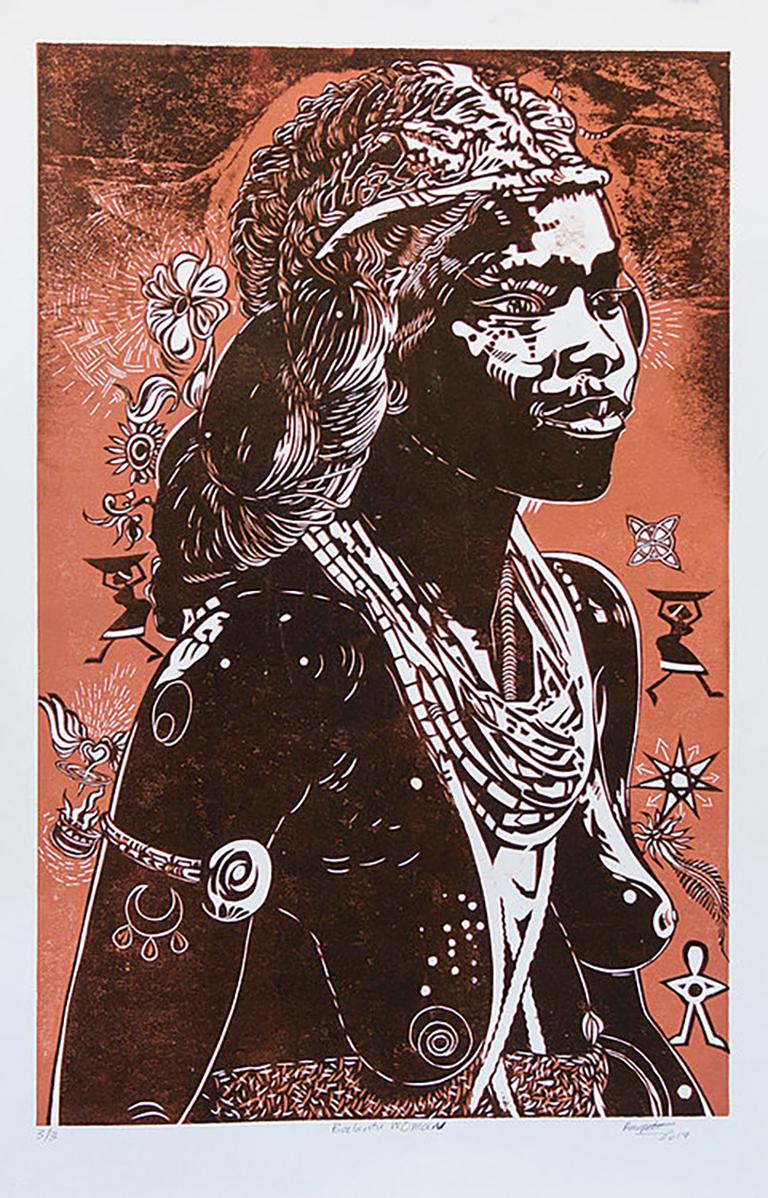 Balantu Woman, Petrus Amuthenu, cardboard block print on paper - Print by Petrus Amuthenu