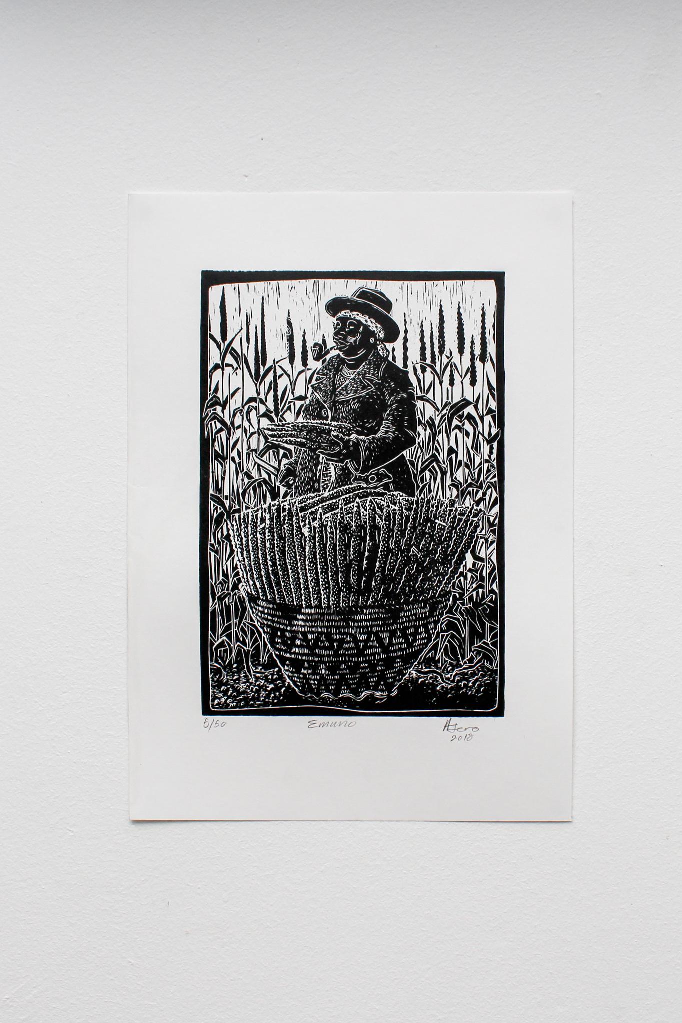 Emuno (Auflage von 50 Stück), Petrus Amuthenu, Linoleum-Blumendruck auf Papier