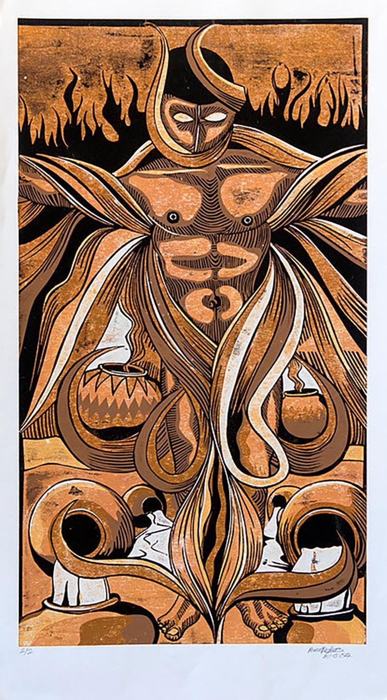 Life change, 2004. Cardboard Print on Paper, 2/2

Petrus Amuthenu was born in Swakopmund and grew up in northern Namibia in Uukwaludhi. In 2002 a chance encounter with the late artist Samuel Mbingilo at the Katutura Community Art Centre gave