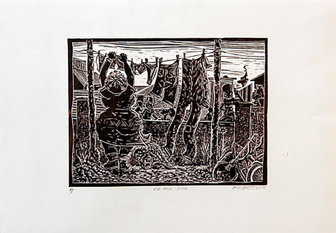 On the line, Petrus Amuthenu, Linoleum block print on fabriano paper