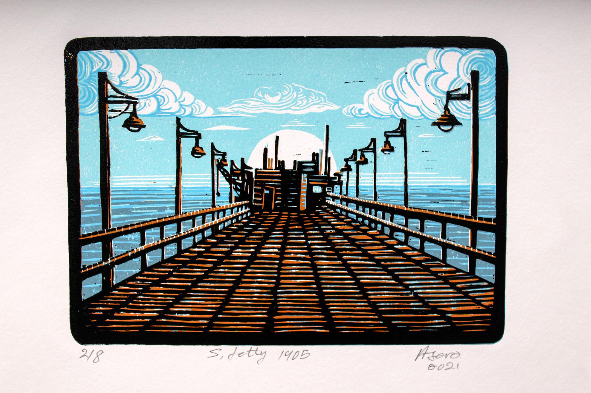 S. Jetty 1905, 2021. Linoleum block print on fabriano paper, edition of 8

Petrus Amuthenu was born in Swakopmund and grew up in northern Namibia in Uukwaludhi. In 2002 a chance encounter with the late artist Samuel Mbingilo at the Katutura