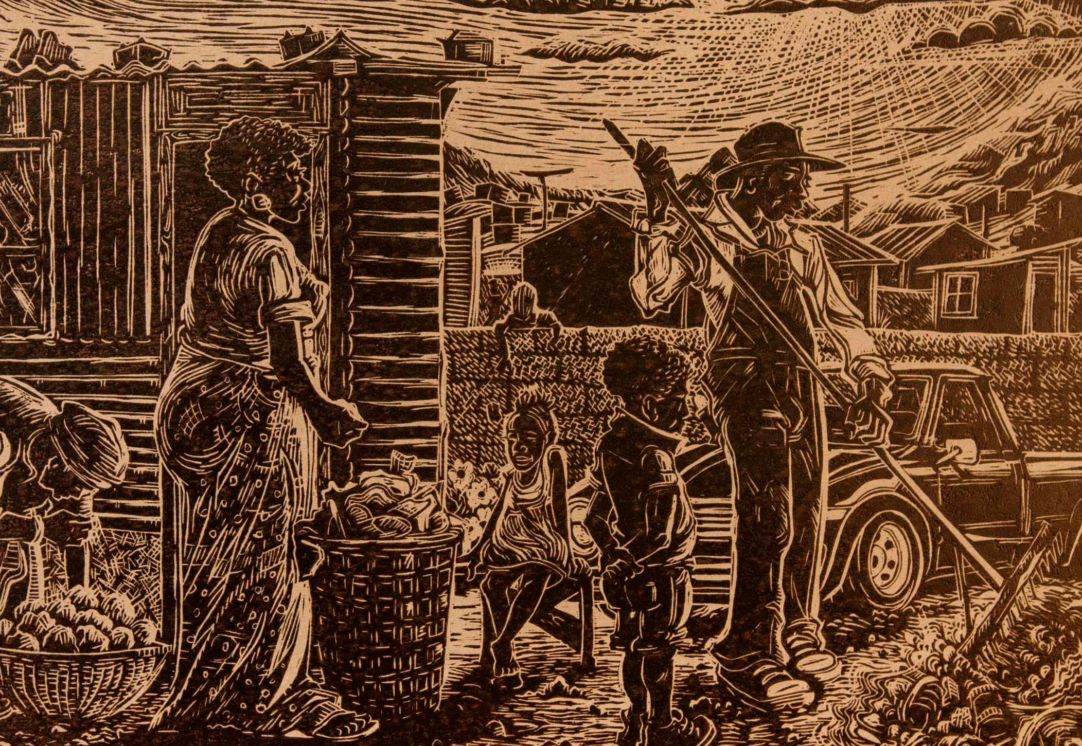 Saturday morning in Tura, Petrus Amuthenu, Linoleum block print on brown paper For Sale 1