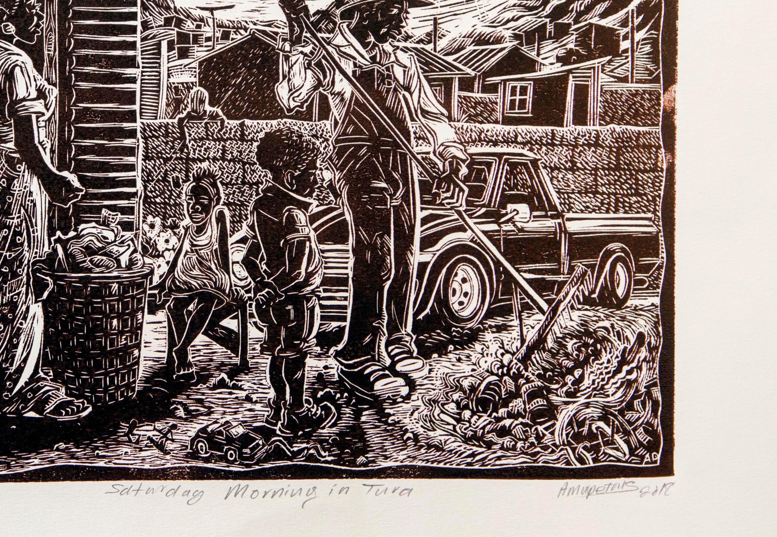 Saturday morning in Tura, 2018. Linoleum Block Print on Fabriano Paper, 1/50

Petrus Amuthenu was born in Swakopmund and grew up in northern Namibia in Uukwaludhi. In 2002 a chance encounter with the late artist Samuel Mbingilo at the Katutura