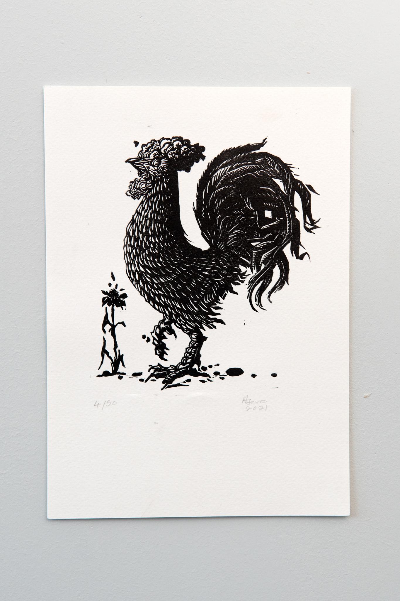 Le coq noir, Petrus Amuthenu, impression de blocs de linoléum sur papier