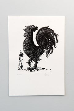The Black Rooster, Petrus Amuthenu, Linoleum block print on paper