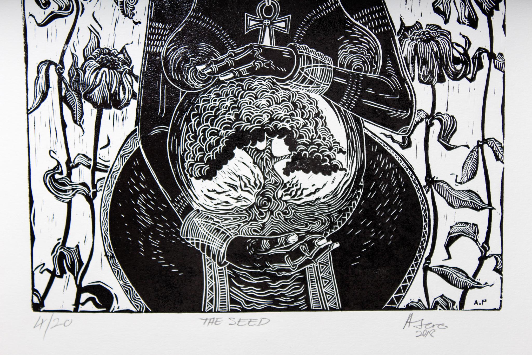 The Seed (edition of 20), Petrus Amuthenu, Linoleum block print on paper For Sale 2