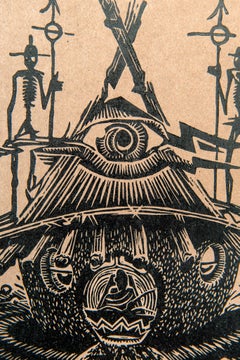 The Watcher, Petrus Amuthenu, linoleum block print on brown paper
