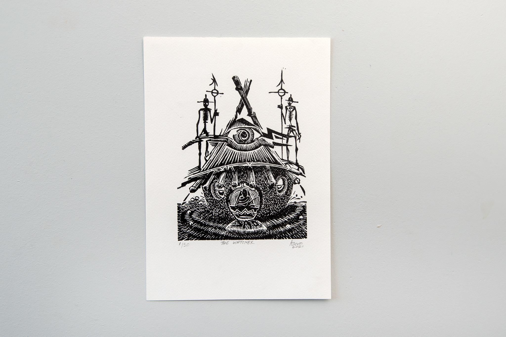 The Watcher, Petrus Amuthenu, linoleum block print on paper For Sale 4