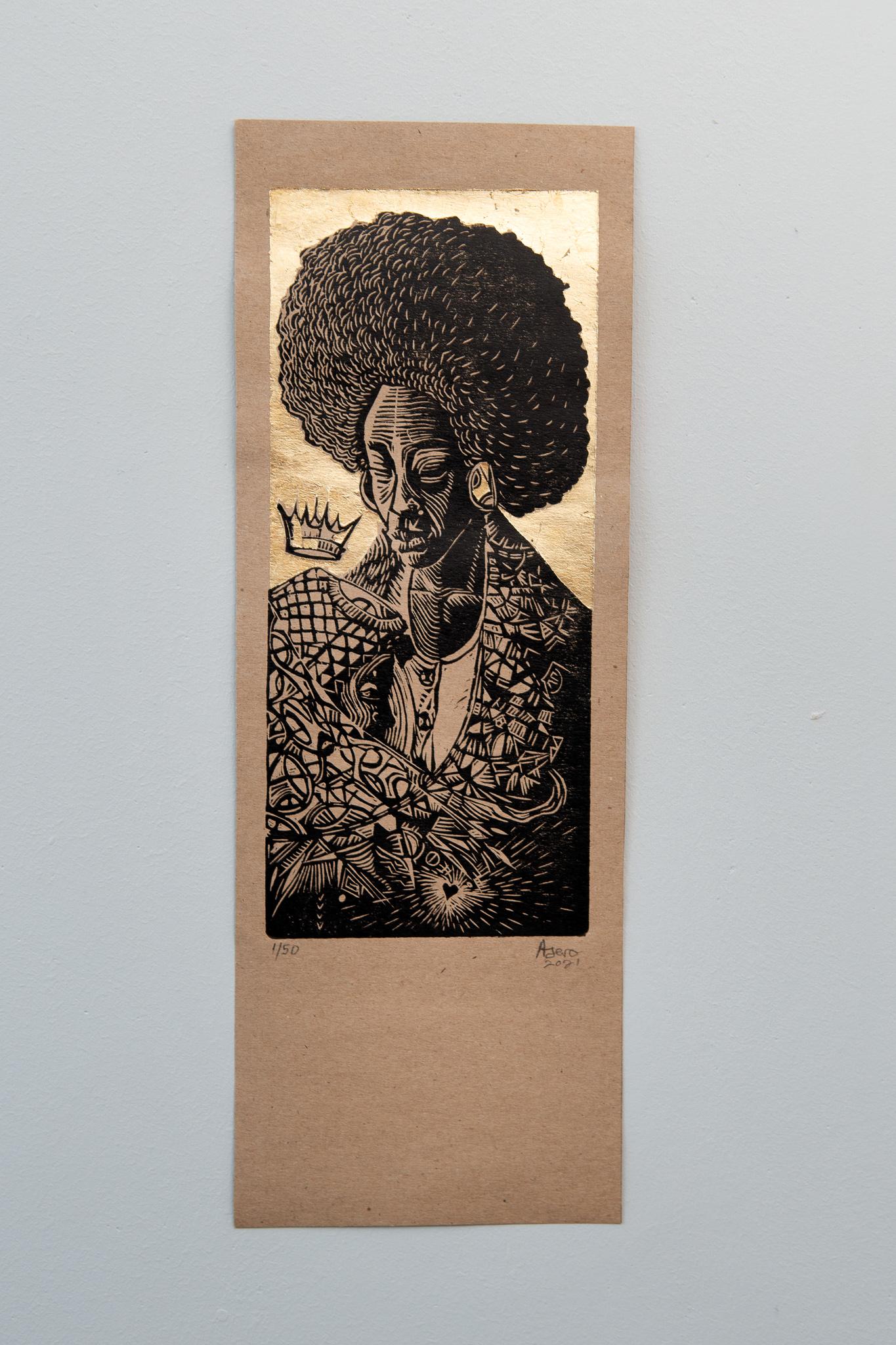 Untitled, Petrus Amuthenu, linoleum block print and gold foil on brown paper For Sale 5