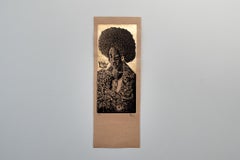 Untitled, Petrus Amuthenu, linoleum block print and gold foil on brown paper