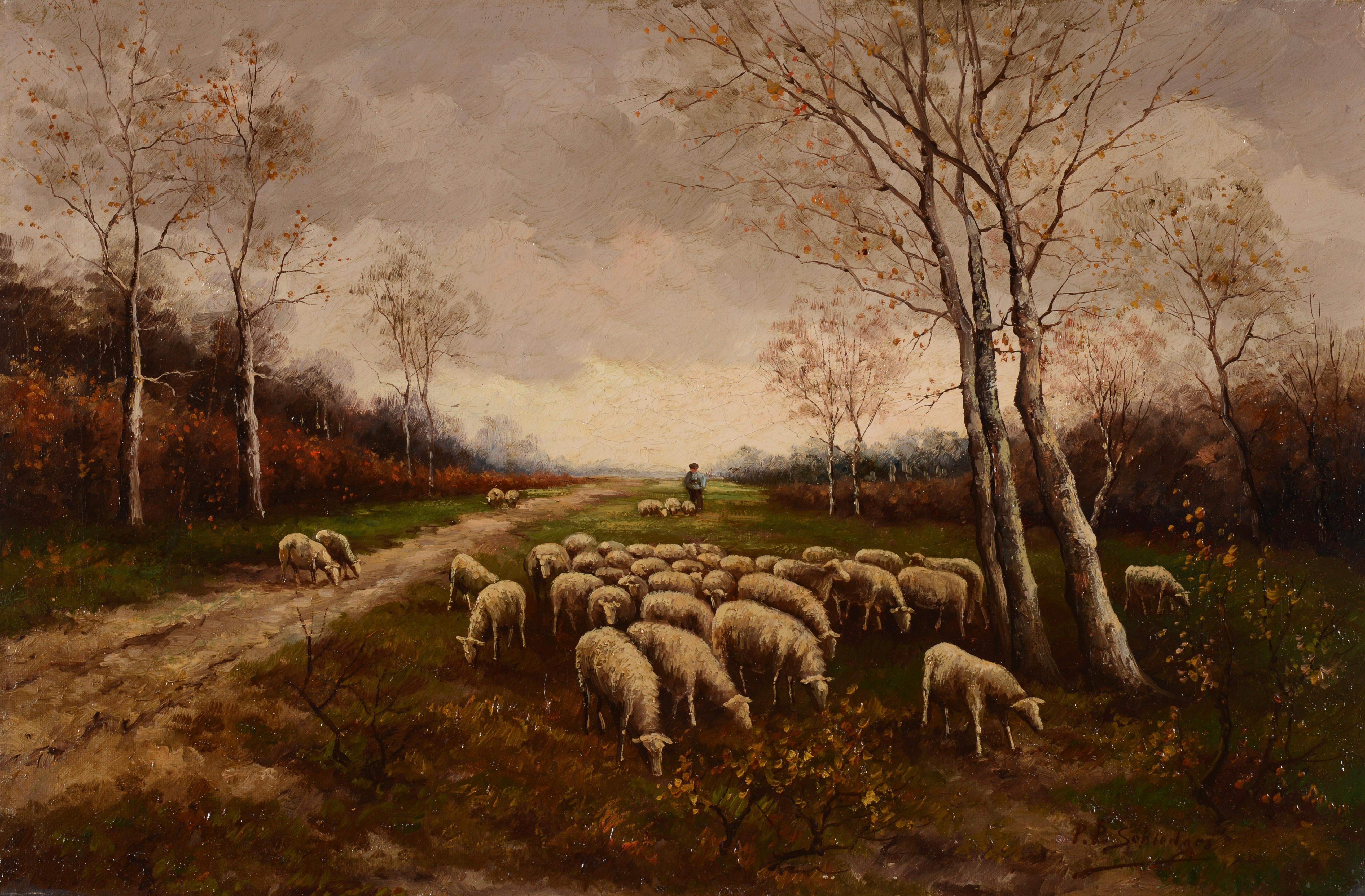 Pastoral Flock at Dusk, Romantic Barbizon Style Landscape with Shepherd