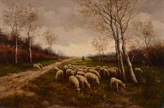 Pastoral Flock at Dusk, Romantic Barbizon Style Landscape with Shepherd
