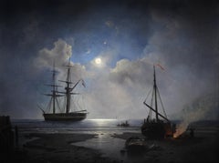 Moonlit Anchorage Oil Painting on Canvas, Signed, 19th Century, Dutch