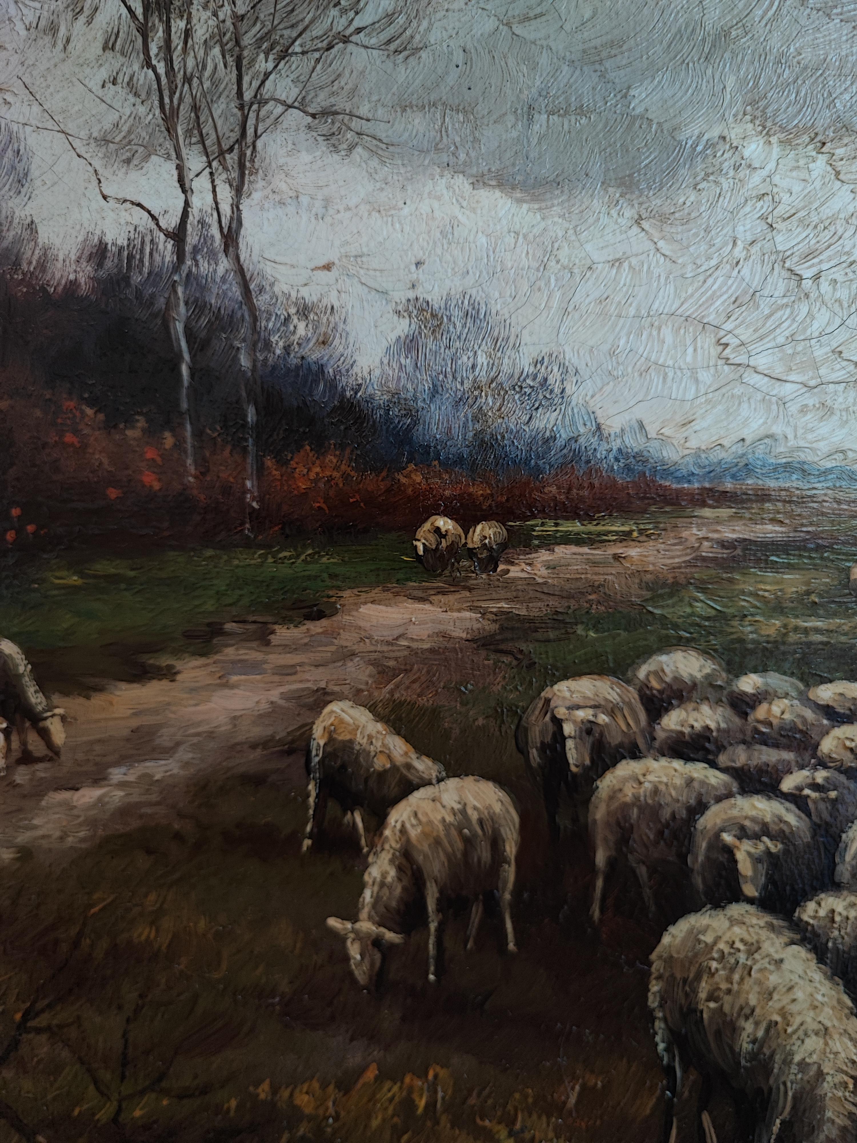 Animated landscape with sheep and shepherd - Realist Painting by Petrus Paulus Schiedges
