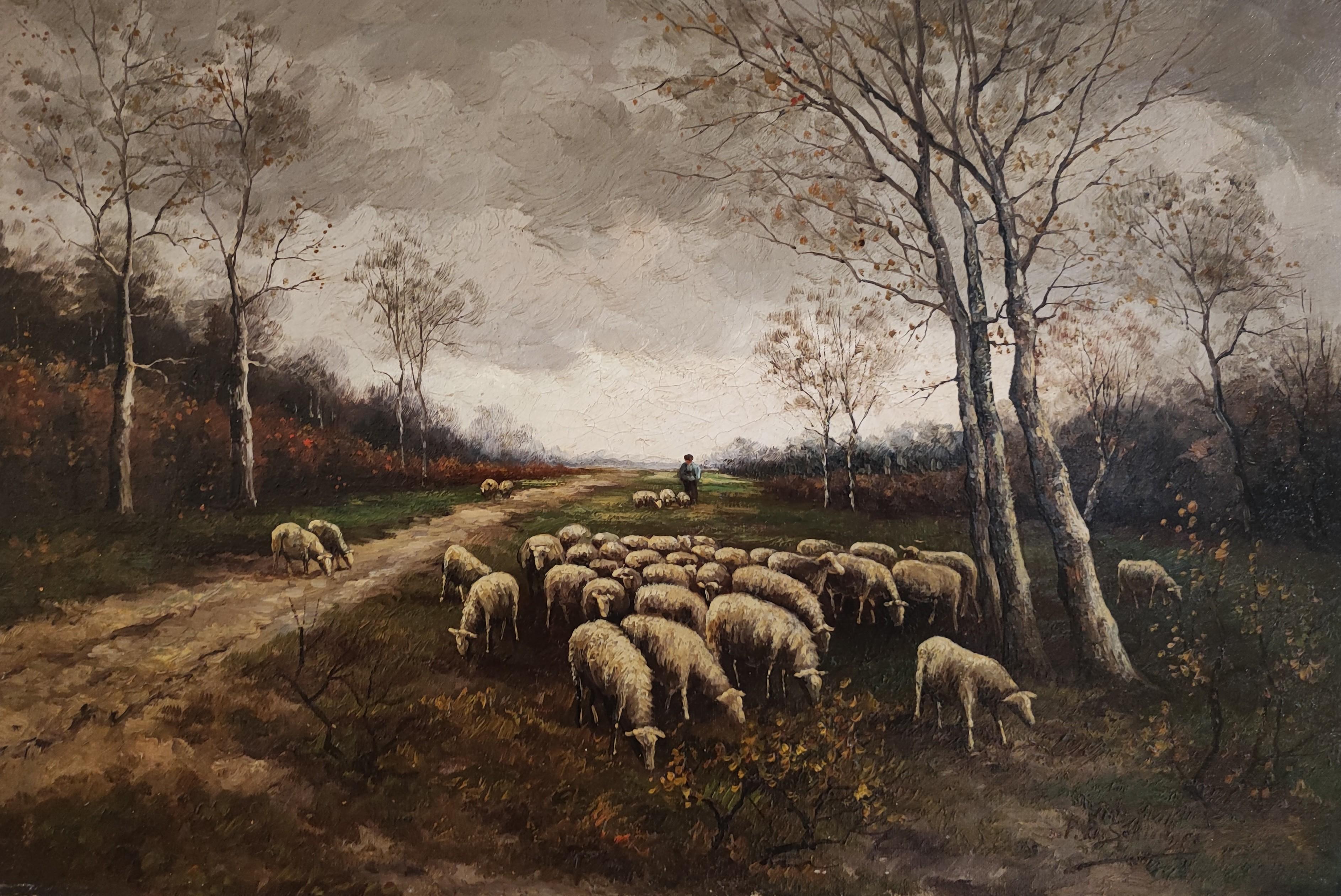 Animal Painting de Petrus Paulus Schiedges - Paisaje animado con oveja y pastor
