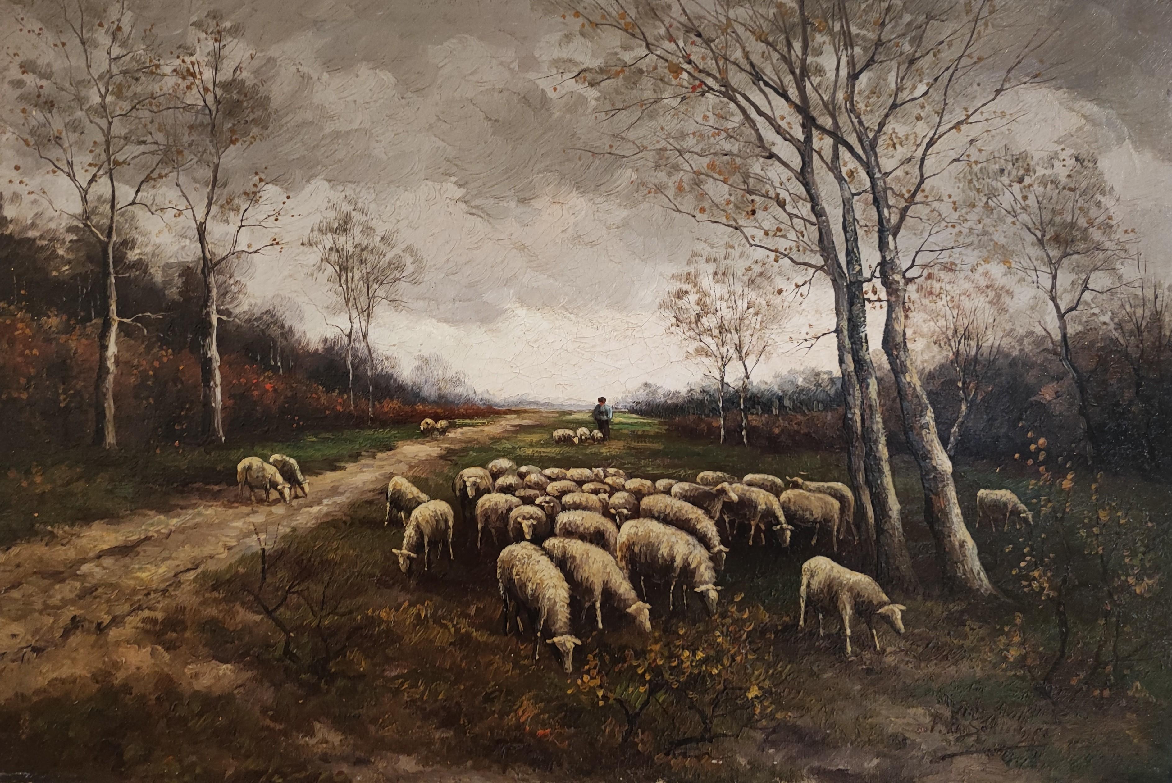 Petrus Paulus Schiedges Animal Painting - Animated landscape with sheep and shepherd