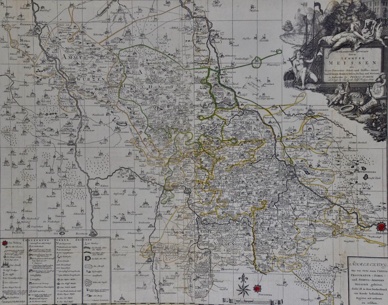 Meissen, Deutschland: Eine große gerahmte Karte des 18. Jahrhunderts von Petrus Schenk – Print von Petrus Schenk the Younger