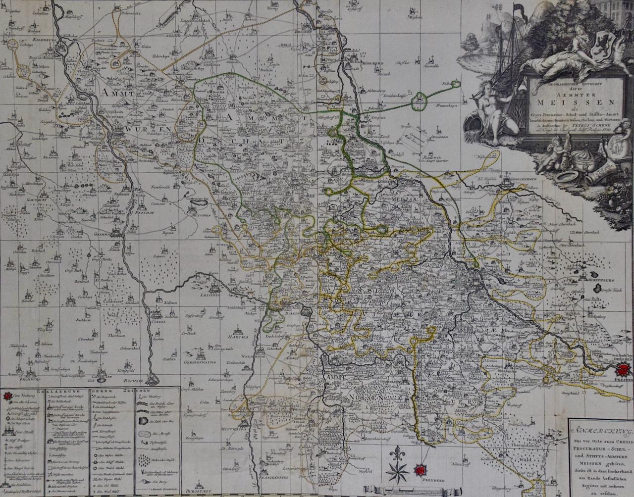 Meissen, Germania: una grande mappa del XVIII secolo incorniciata di Petrus Schenk - Print di Petrus Schenk the Younger