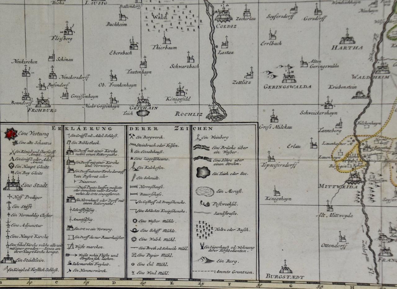 Dies ist eine handkolorierte Karte der Region Meißen aus dem 18. Jahrhundert mit dem Titel 