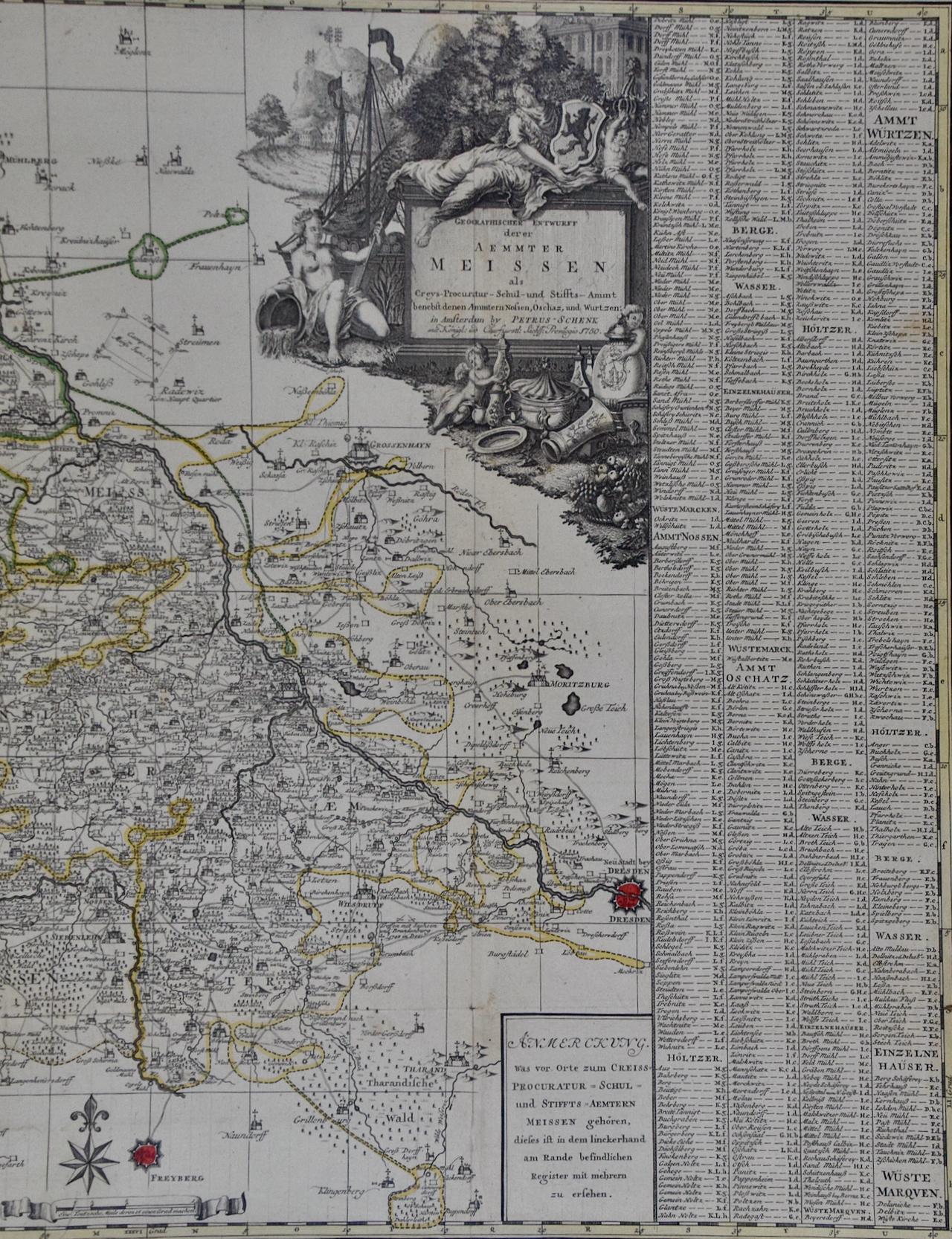 Meissen, Deutschland: Eine große gerahmte Karte des 18. Jahrhunderts von Petrus Schenk im Angebot 1