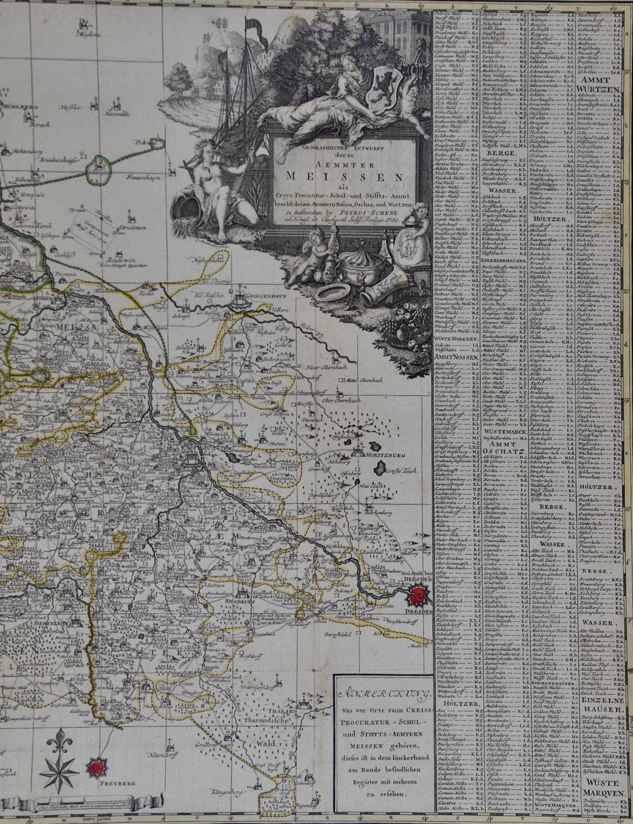 Meissen, Germania: una grande mappa del XVIII secolo incorniciata di Petrus Schenk - Print Antichi maestri di Petrus Schenk the Younger