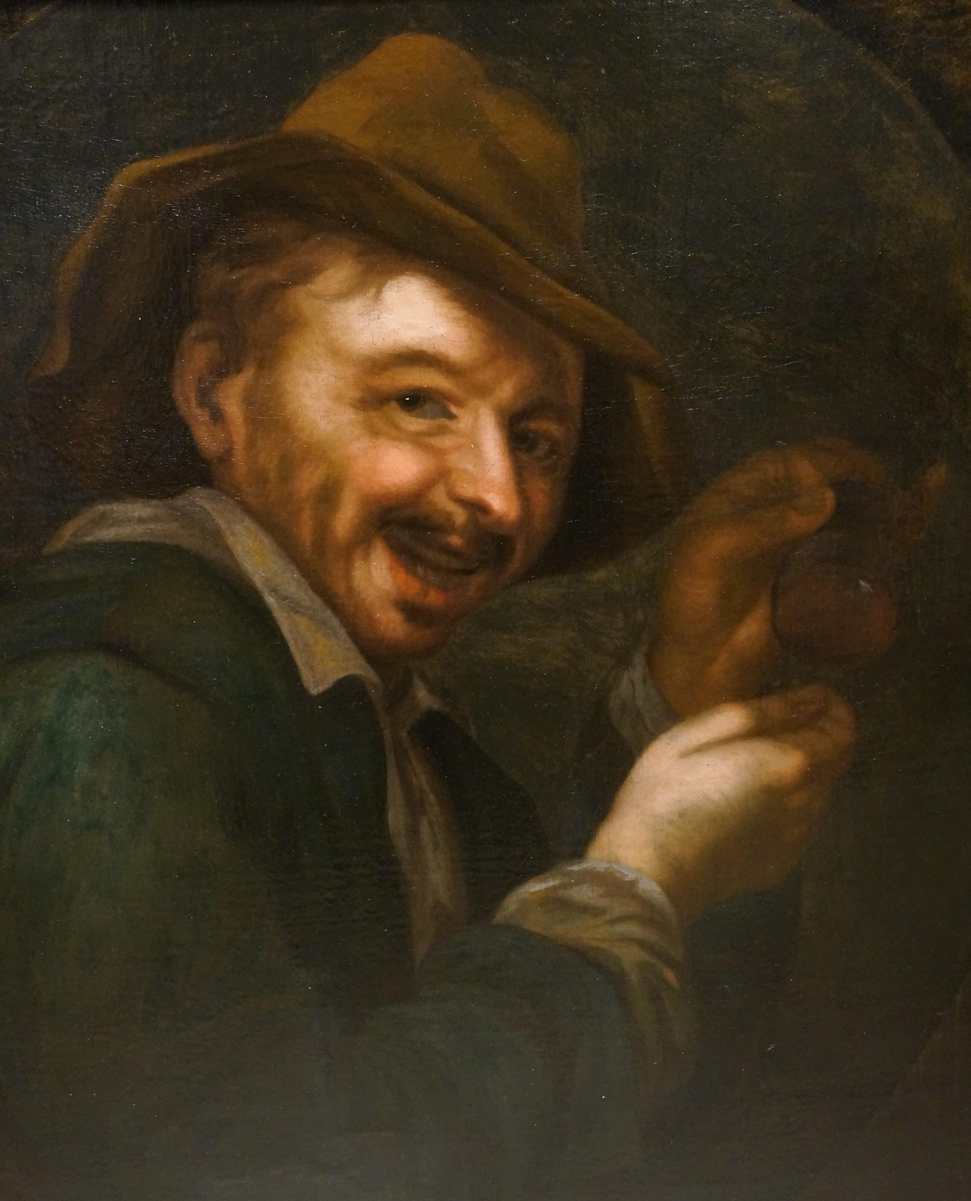 Antique oil paining, A laughing man with an upturned glass, Dutch golden age For Sale 4