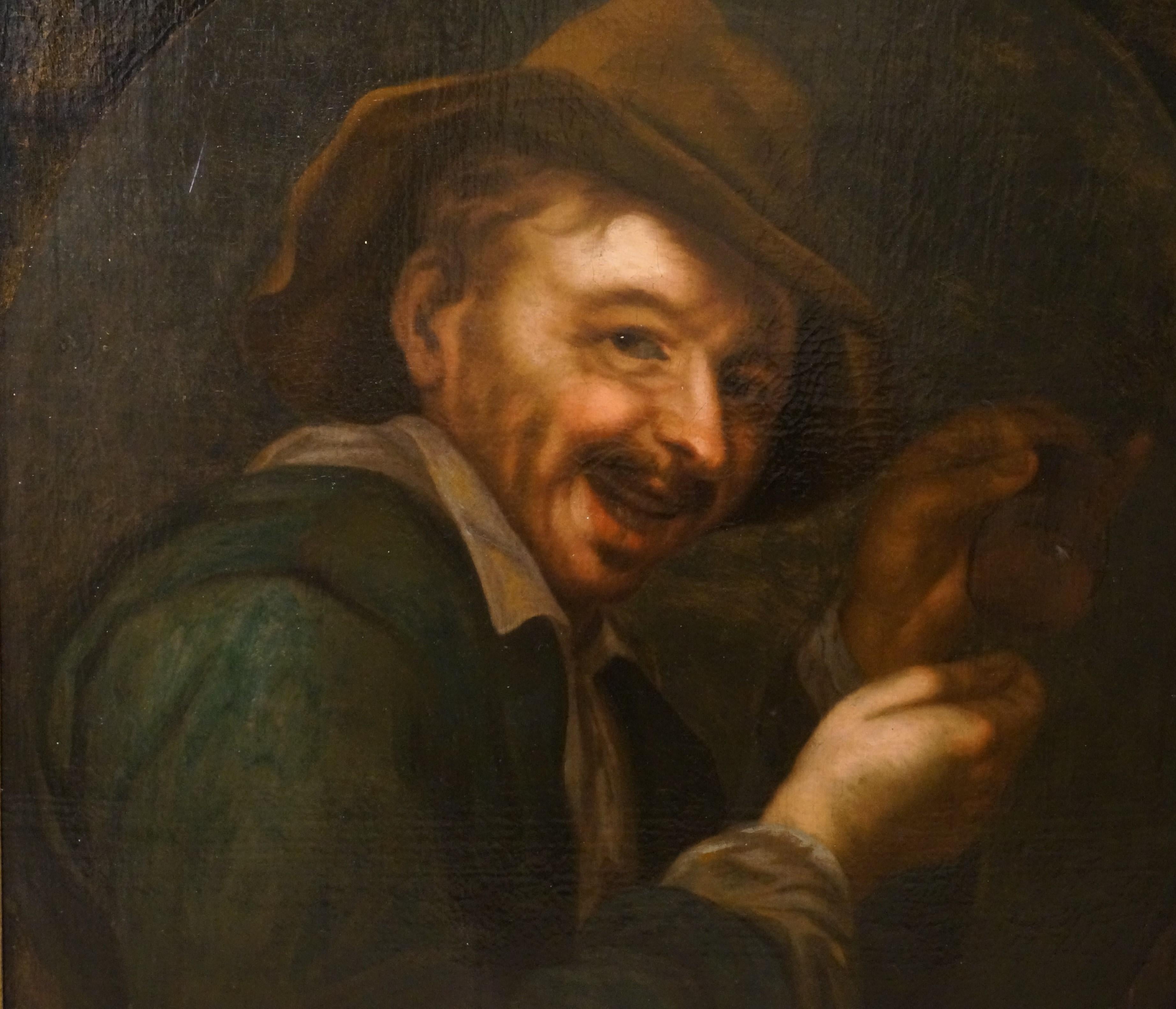 Antique oil paining, A laughing man with an upturned glass, Dutch golden age For Sale 5