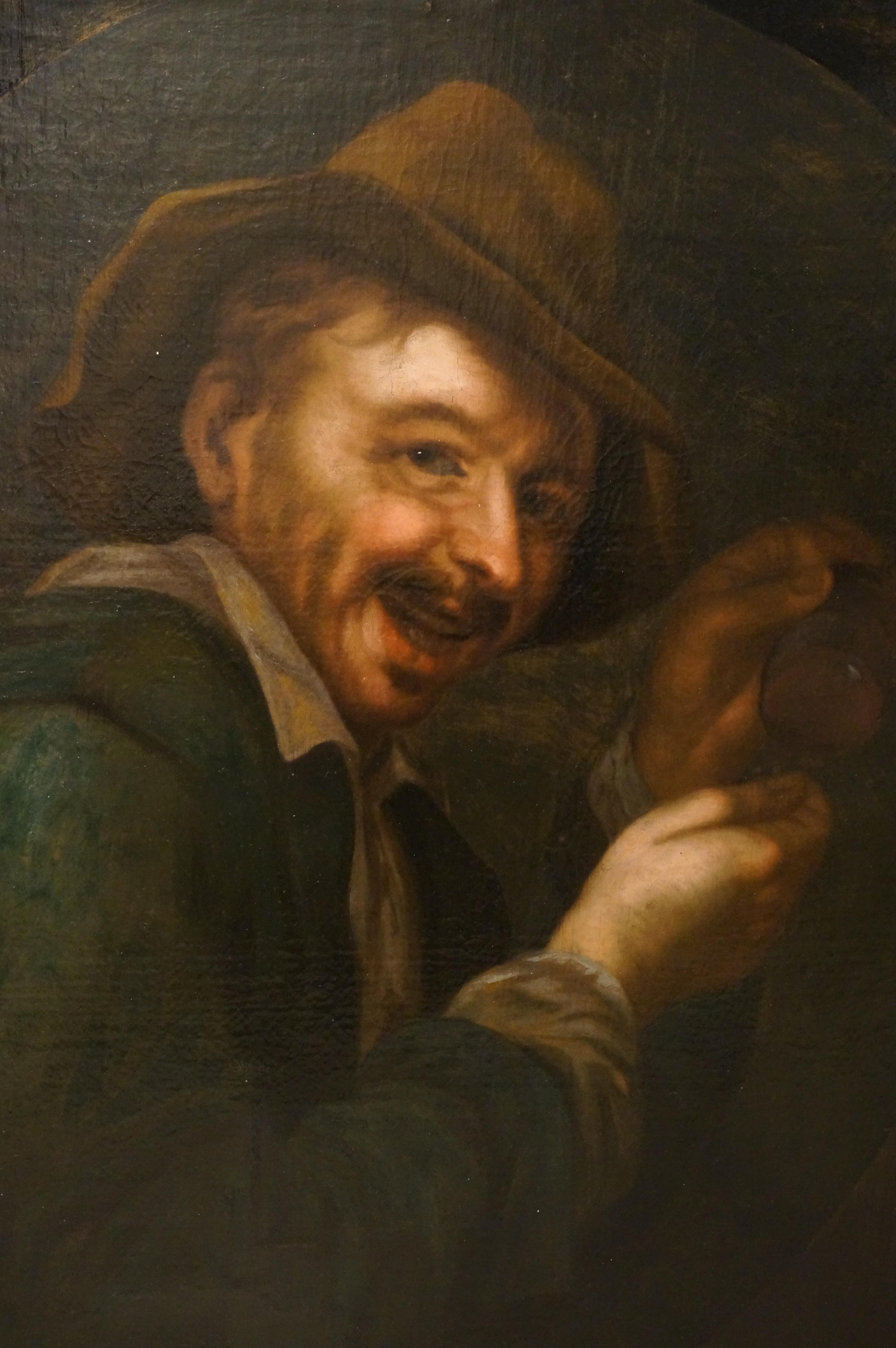 Antique oil paining, A laughing man with an upturned glass, Dutch golden age For Sale 6