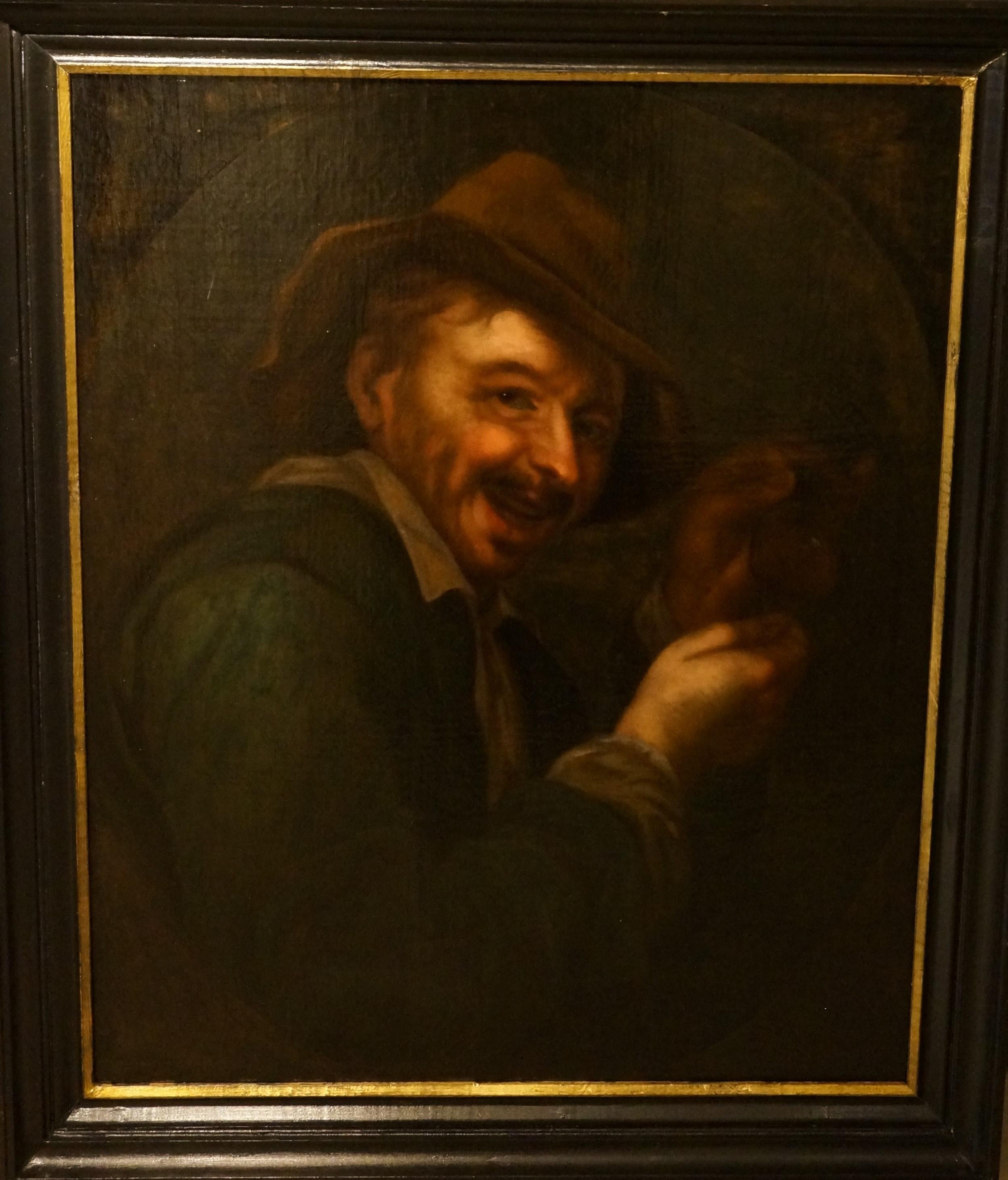 Antique oil paining, A laughing man with an upturned glass, Dutch golden age For Sale 7