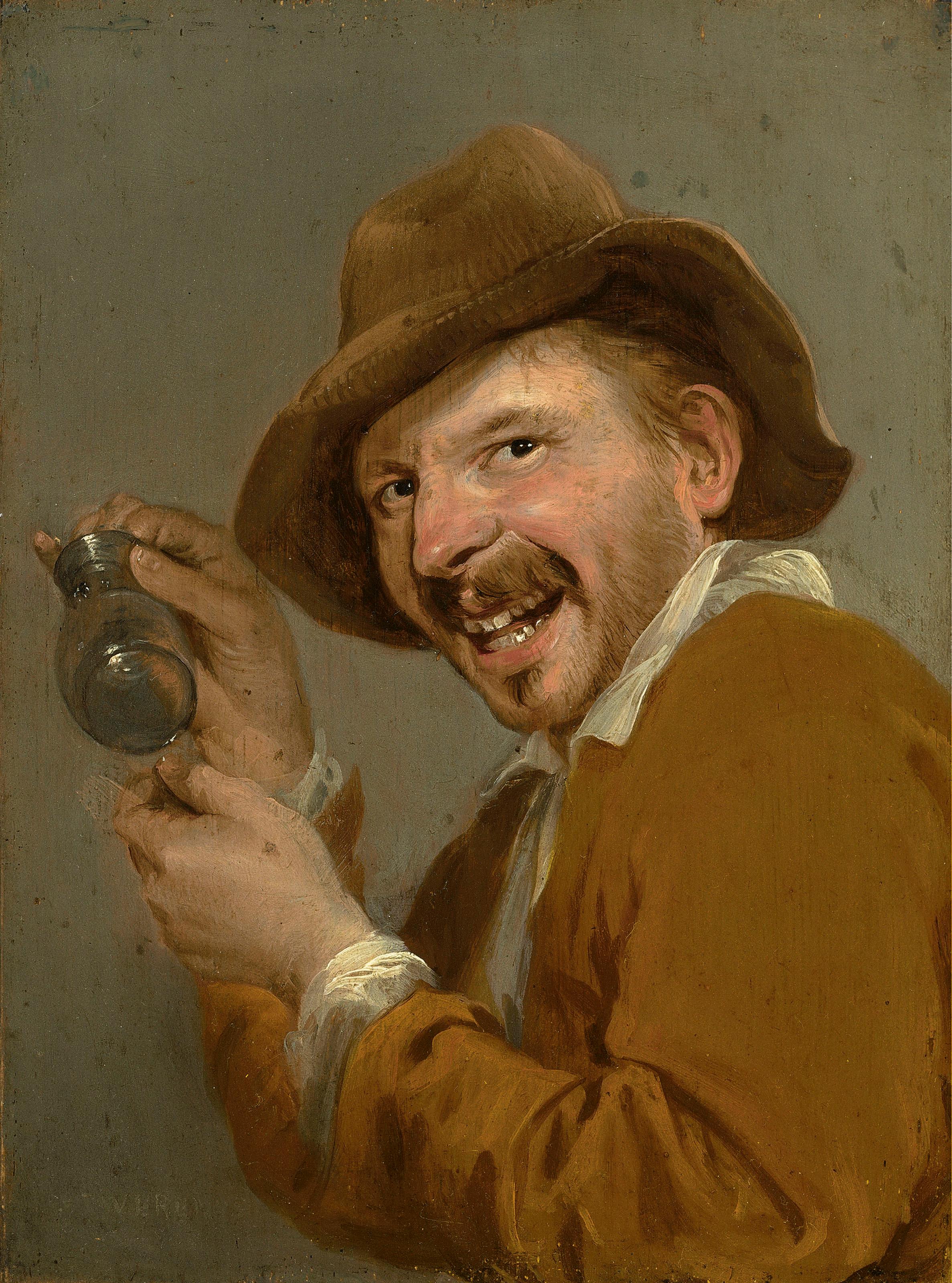 Antique oil paining, A laughing man with an upturned glass, Dutch golden age For Sale 11