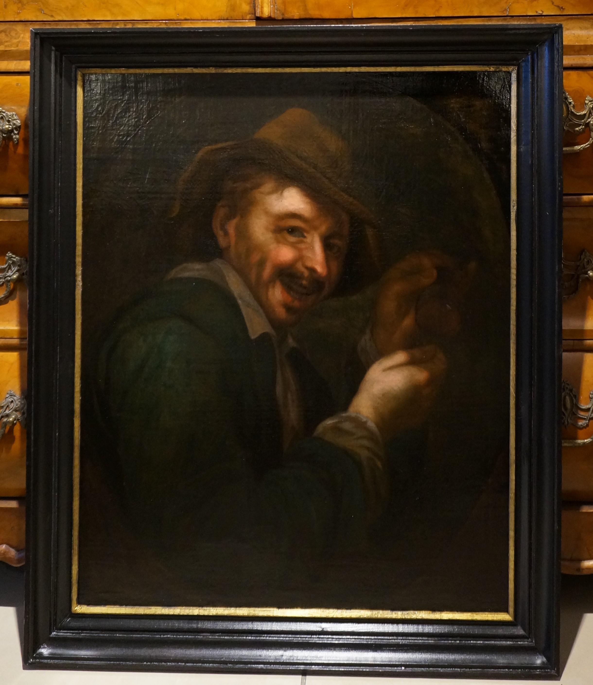 Antique oil paining, A laughing man with an upturned glass, Dutch golden age - Painting by Petrus Staverenus