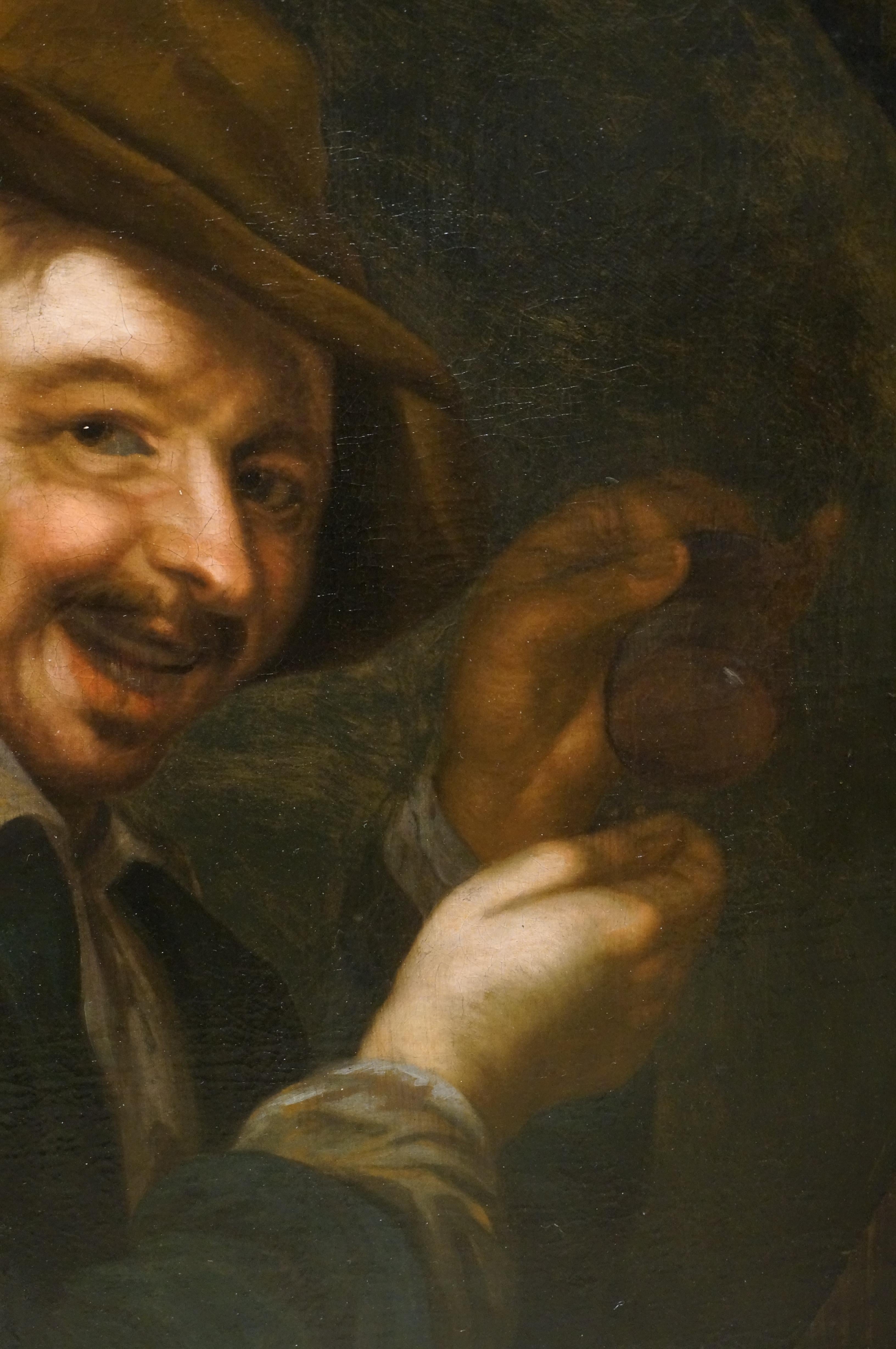 Antique oil paining, A laughing man with an upturned glass, Dutch golden age For Sale 2