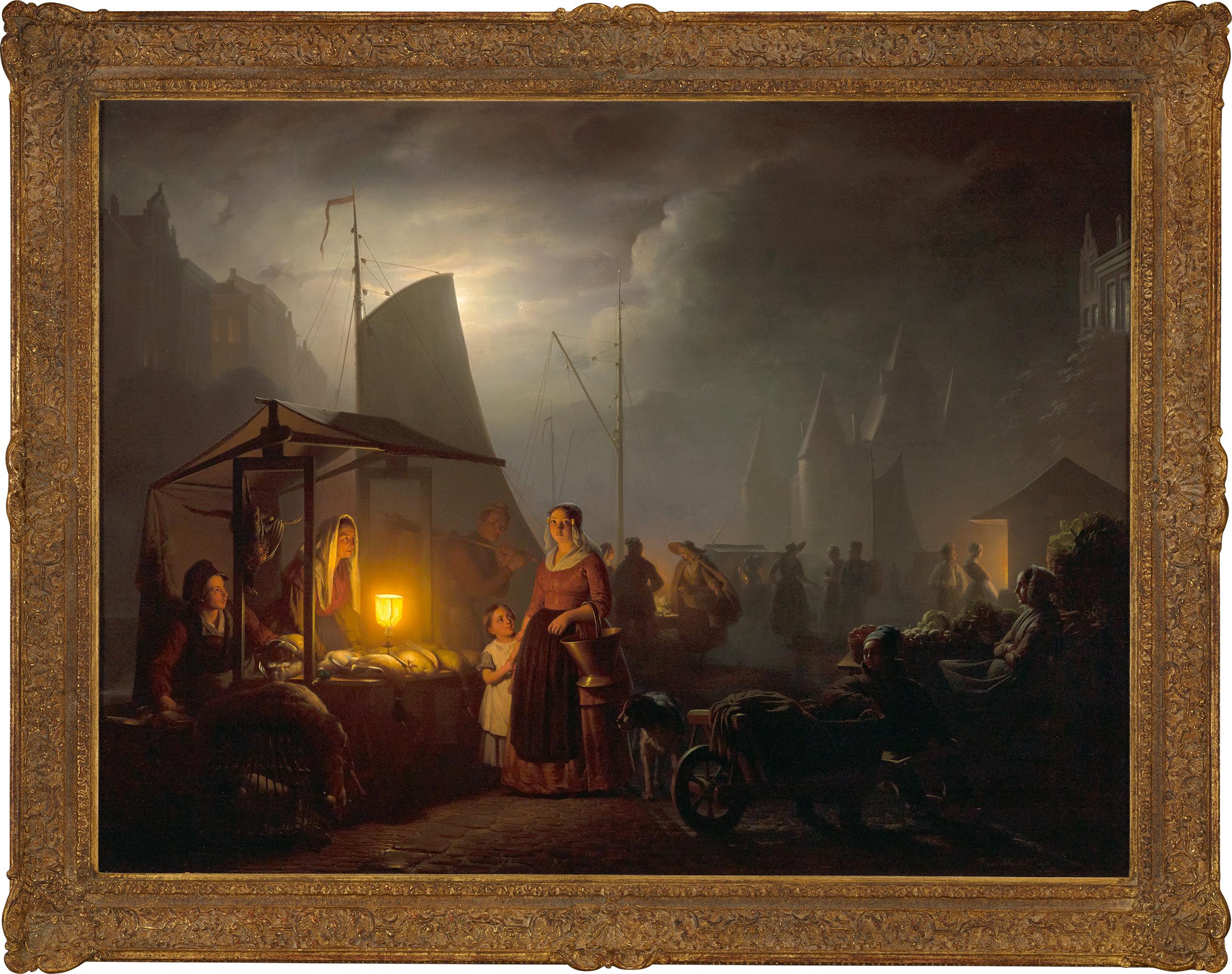 Un mercato a lume di candela di Petrus van Schendel - Painting di Petrus Van Schendel