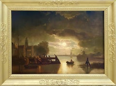 Large 19th century dutch painting of a river landscape by moon - night genre