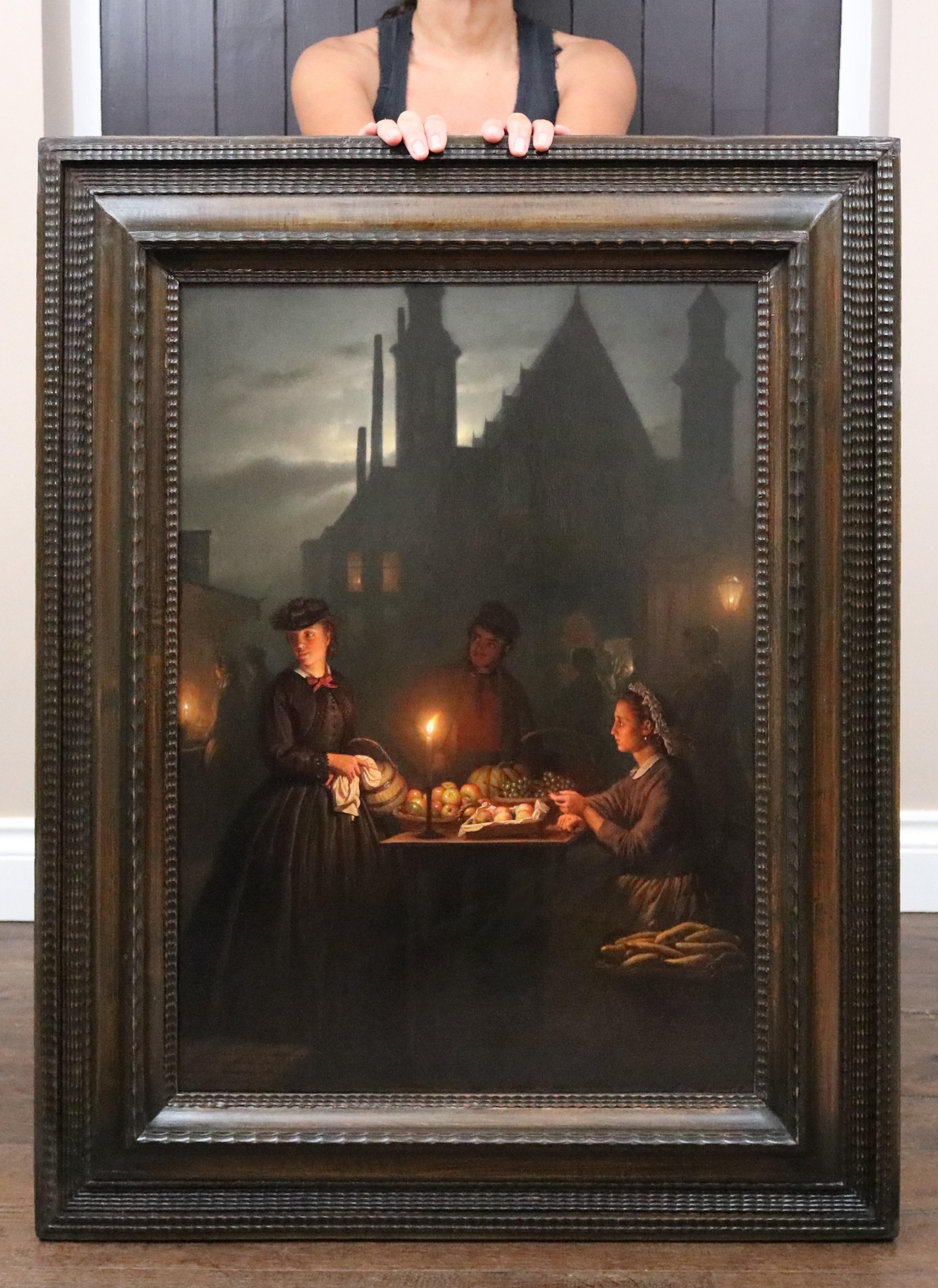 Il mercato notturno - Pittura ad olio olandese del XIX secolo Vecchio Maestro Notturno di mezzanotte - Painting di Petrus Van Schendel