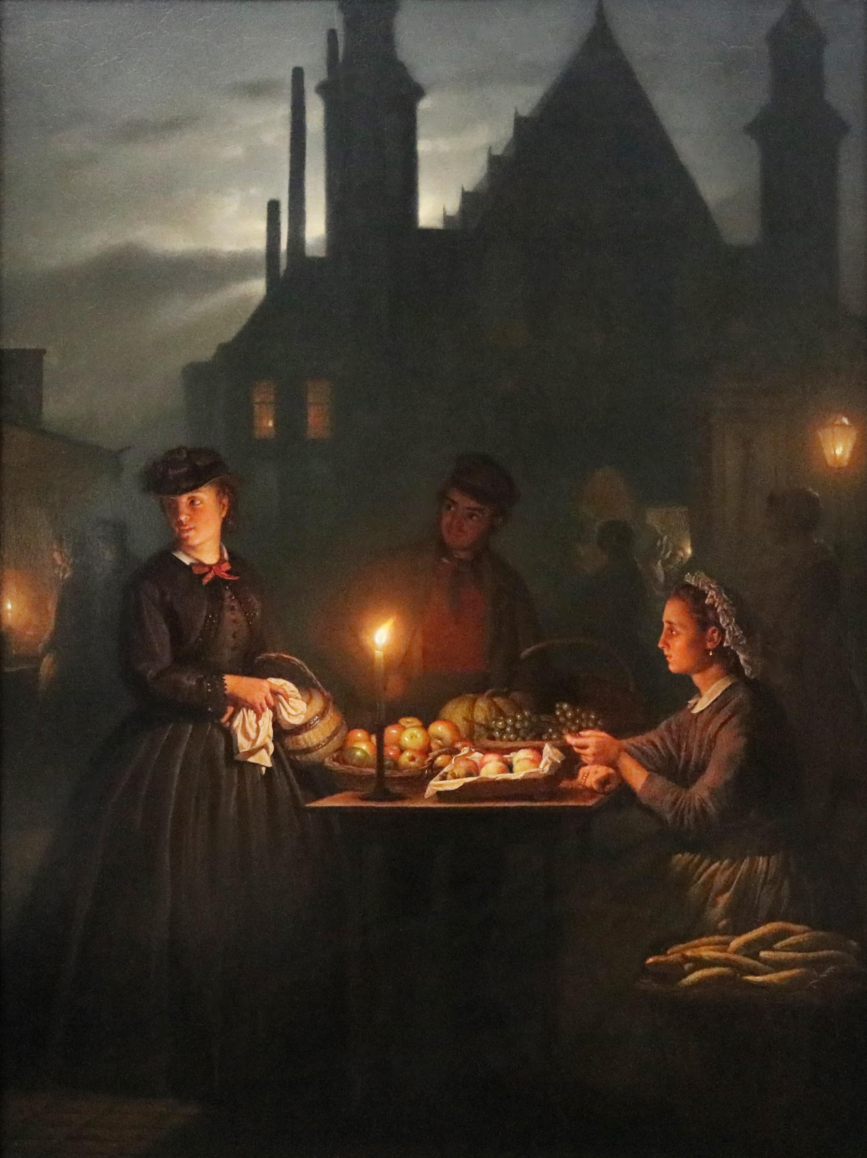 'Vegetable Seller at the Night Market' by Petrus van Schendel (1806-70).

The painting – which depicts a midnight scene of two young women at a vegetable stall by candlelight – is signed by the artist and dated 1866. It is presented in a superb